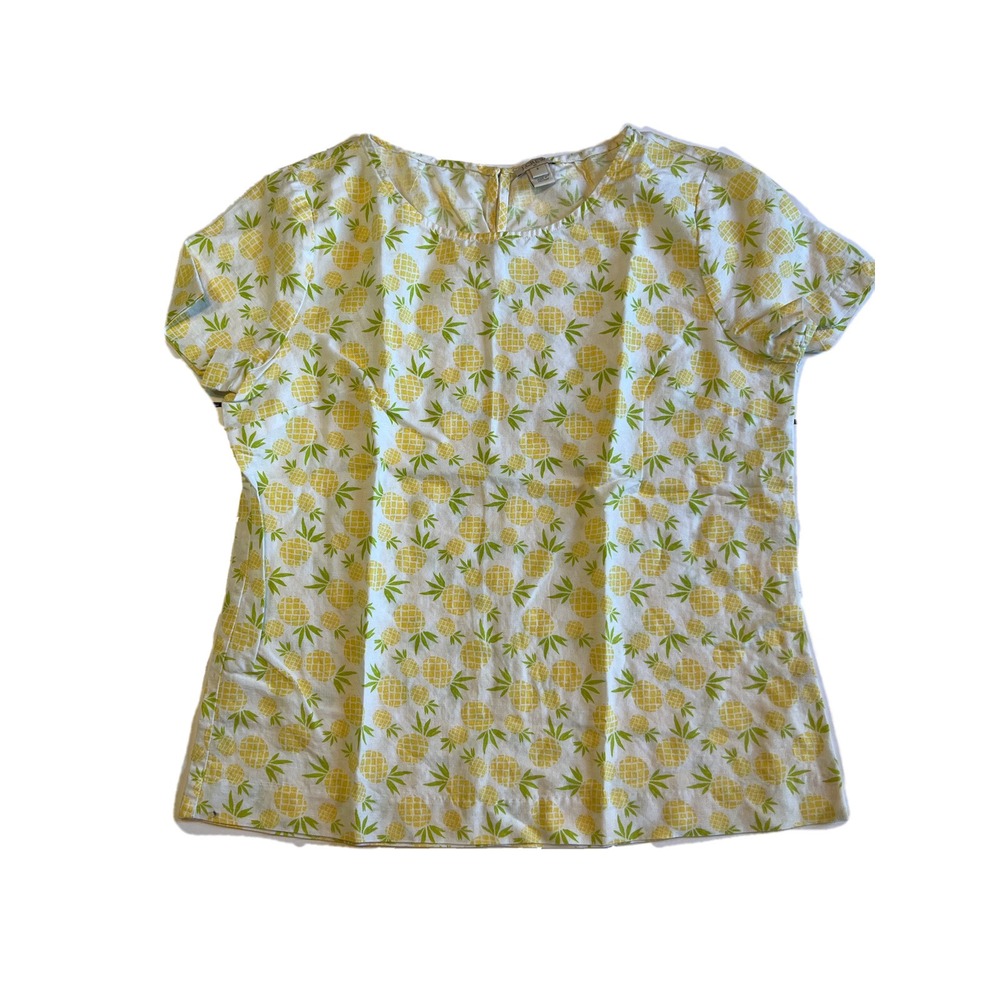 WOMENS J CREW TOP SHORT SLEEVE SIZE S "PINEAPPLE PRINT" LINEN COTTON BLEND BR